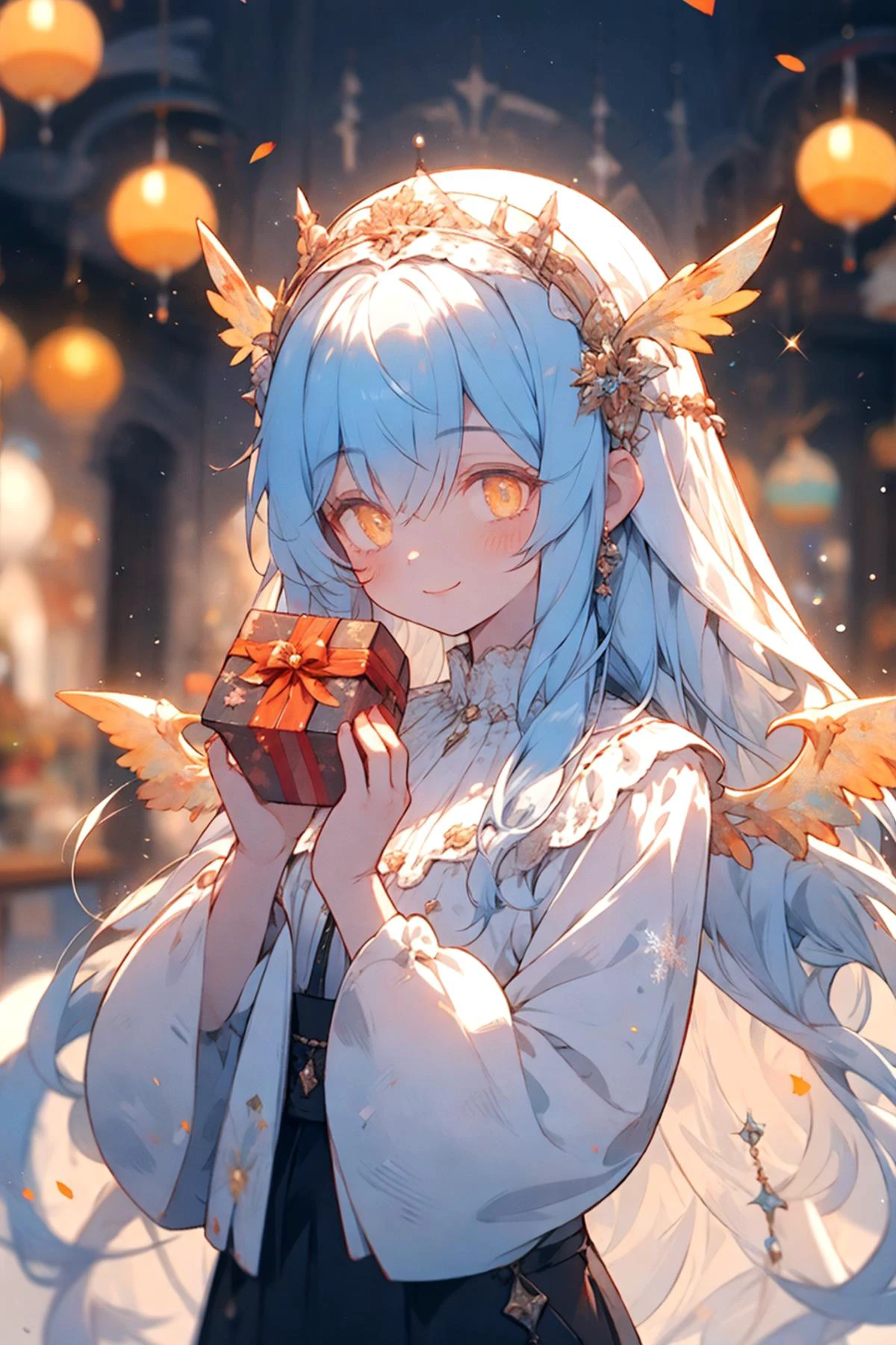 (holding-hands, white-silk-skirt silver-long-greaves orange-wings glass-headpiece blue-hair beautiful amber-yellow-eyes happy-face girl is sending the giftboxes), bokeh, in-the-shop indoors, snowflake, <lora:Glitter Concept:1.0>