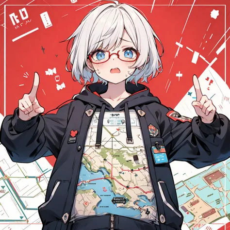 (404:5.0, not found, WTF, ????, error, missing, confusion), blue-streaked-white haired short hair tilt broken red frame glasses trouble despair tearful face 404 printed black hoodie detailed pointing hand founding girl is holding a cyber node link labyrinth map BREAK (number), 404 print