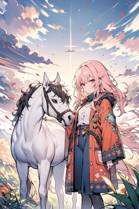 (masterpiece, best quality:1.2), (Intricate detailed:1.2), dreamy landscape, with rolling hills and soft, billowy clouds. The sky is a beautiful shade of pink and orange, the remnants of a stunning sunset. In the foreground, a pair of horses graze peacefully, their coats gleaming in the soft light. A gentle breeze ruffles the tall grasses, creating a sense of calm and tranquility.