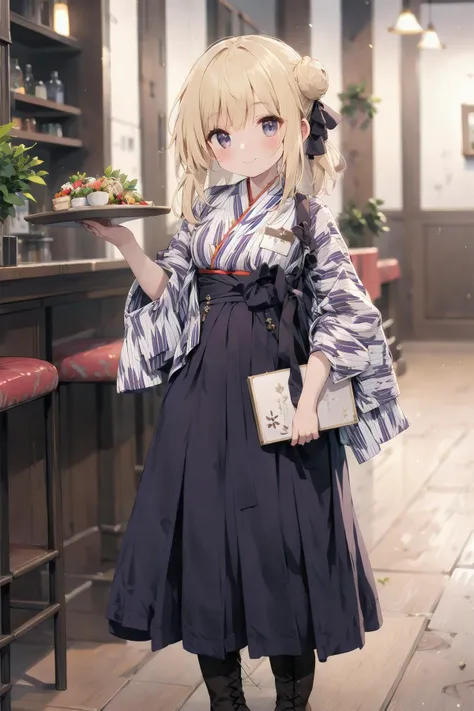 (extremely beautiful), BMC, japanese yagasuri tasuki kimono long purple traditional hakama skirt clothes blonde-big-bun-top-knot-hair kindly cute smile face short lace-up boots girl is holding a menu book BREAK (antique), cafeteria indoors, <lora:Basyamichi_uniform_SD15_V7:0.8>, <lora:boldline:-1>