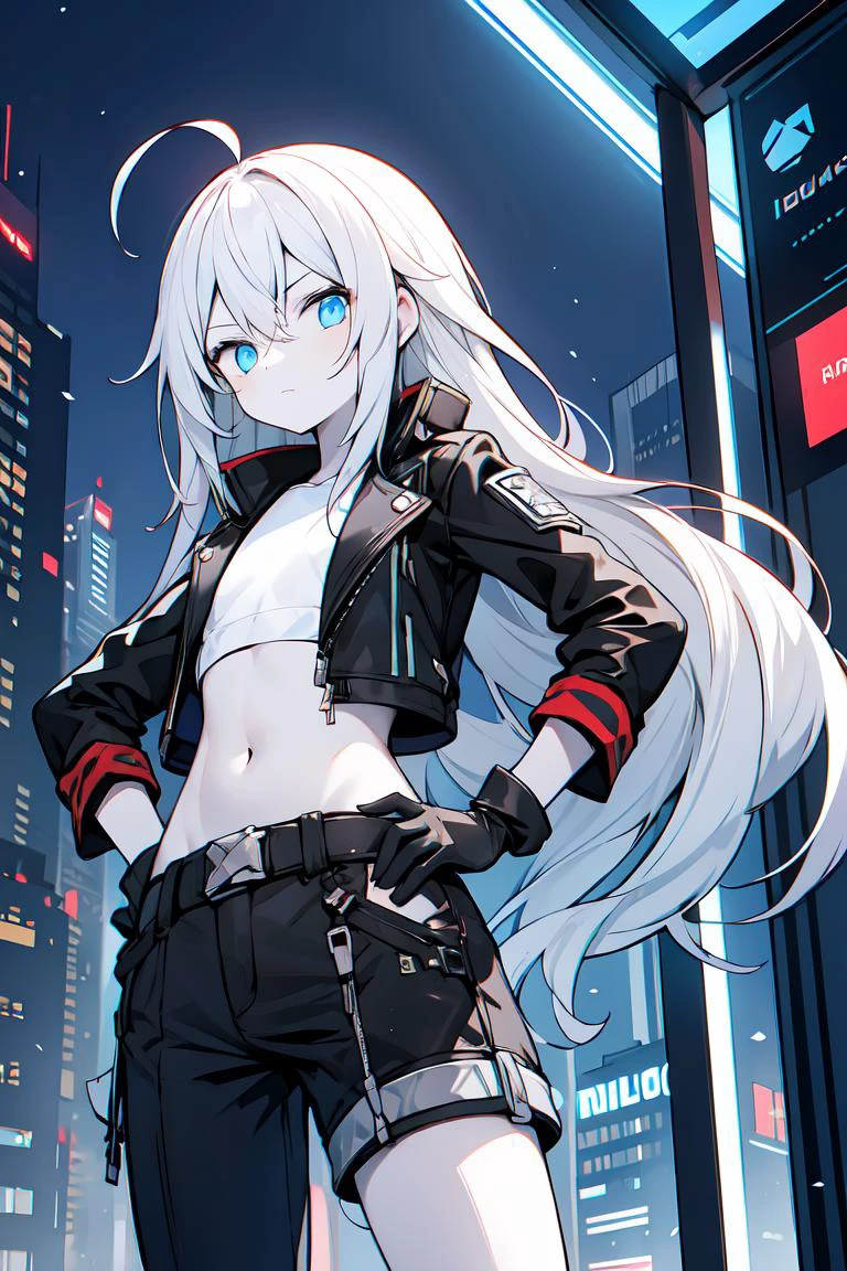 (masterpiece, best quality:1.2), (white sport car:1.2), 1girl, solo, cyberpunk city, reflections, rtx, glow, neon, night, vibrant, colorful, white hair, pale skin, ahoge, absurdly long hair, blue eyes, expressionless eyes, cold attitude, flat chest, leather jacket, gloves, belts, crop top, headlights on, hand on hip, looking at viewer, despise, disgust, from below
