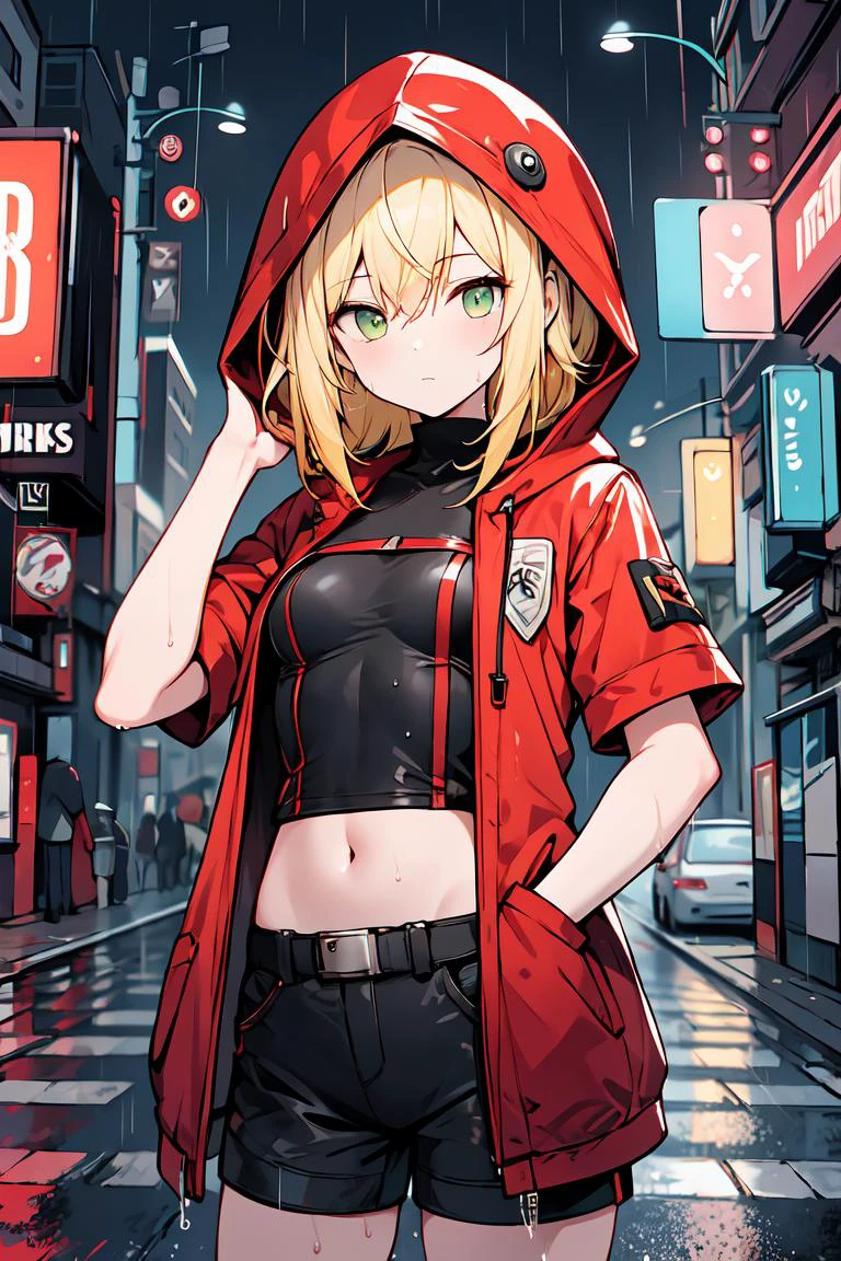 (masterpiece, best quality:1.2), 1girl, solo, (yellow hair:1.1), green eyes, medium hair, small breasts, expressionless, futuristic, cyberpunk, armored, glow, red trim, black bodysuit, red jacket, midriff, hand in pocket, rtx, neon, vibrant, cyberpunk shorts, short sleeves, reflections, street signs, cowboy shot, hand in hair, rain, wet clothes, hood up, wet skin