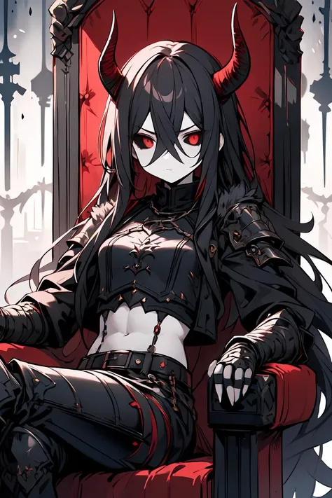 (masterpiece, best quality:1.2), (Intricate detailed:1.2), woman, 30 years old, solo, cold attitude, expressionless, (pale skin:0.7), black hair with red streaks, straight hair, red eyes, small breasts, (absurdly long hair:1.2), upper body, looking at viewer, belts, mature, adult, medieval castle, rich and moody colors, fantasy, demon horns, dark, tyndal effect, clawed gauntlets, armored, black jacket, hair between the eyes, hair over eyes, red trim, black chains, midriff, sitting on throne, armored boots, feet out of frame, fur-trimmed, abs, <lora:Gloomifier_TheDread_V1_LECO:1>, <lora:r1ge - AnimeRage:0.2>, black horns
