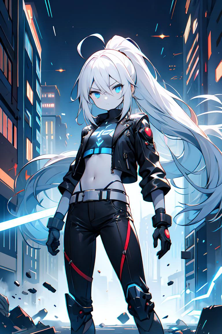 (masterpiece, best quality:1.2), 1girl, solo, cyberpunk city, reflections, rtx, glow, neon, night, vibrant, colorful, white hair, pale skin, ahoge, absurdly long hair, blue eyes, expressionless eyes, cold attitude, flat chest, leather jacket, tactical gloves, belts, crop top, headlights on, looking at viewer, despise, disgust, dynamic camera, fighting pose, technology, cybernetic, holographic, phantasmal, blue energy, portal, armored, long ponytail, blue magic, electricity, rubble, destruction,  <lora:r1ge - AnimeRage:0.2>, energy fist

