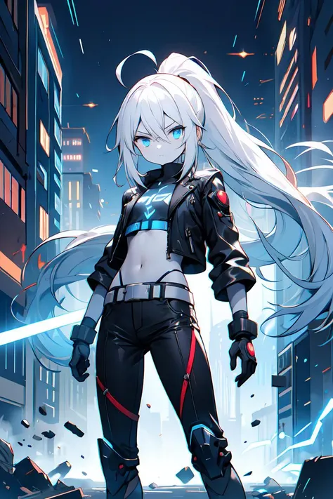 (masterpiece, best quality:1.2), 1girl, solo, cyberpunk city, reflections, rtx, glow, neon, night, vibrant, colorful, white hair, pale skin, ahoge, absurdly long hair, blue eyes, expressionless eyes, cold attitude, flat chest, leather jacket, tactical gloves, belts, crop top, headlights on, looking at viewer, despise, disgust, dynamic camera, fighting pose, technology, cybernetic, holographic, phantasmal, blue energy, portal, armored, long ponytail, blue magic, electricity, rubble, destruction,  <lora:r1ge - AnimeRage:0.2>, energy fist
