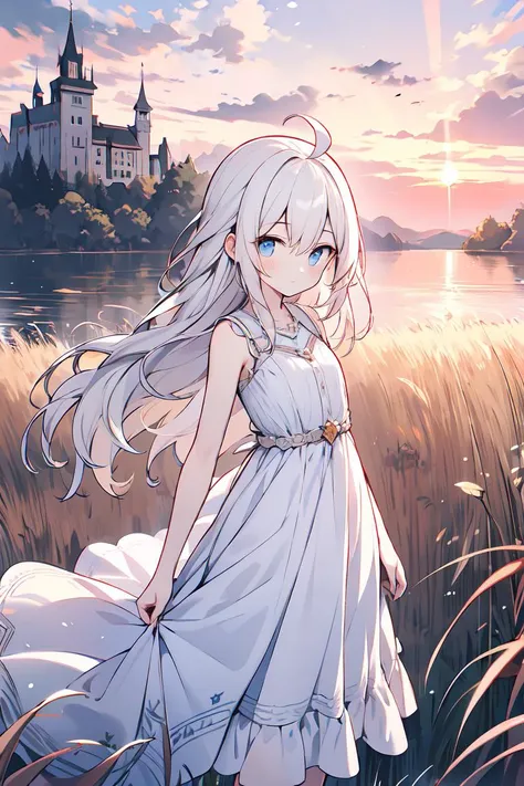 (masterpiece, best quality:1.2), (Intricate detailed:1.2), 1girl, white hair, blue eyes, expressionless, flat chest, ahoge, absurdly long hair, pale skin, dreamy landscape, rolling hills, soft billowy clouds, pink and orange sky, stunning sunset, soft light, tall grasses, a sense of calm and tranquility, castle in the background, lake in the background, white dress, blue trim