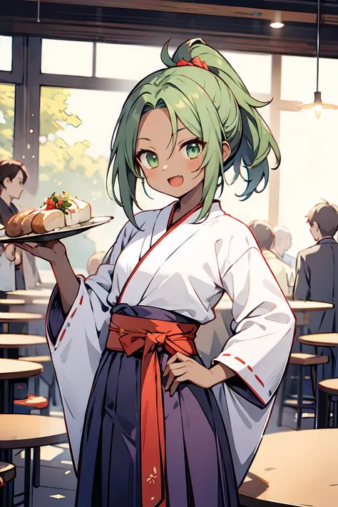 (extremely beautiful), 1girl, short hair, green eyes, green hair, forehead, short ponytail, (dark skin:1.2), fang, smile, small breasts, open mouth, hand on hip, tasuki kimono, long purple traditional hakama skirt clothes, holding a food plate, BREAK (antique), cafeteria, indoors, tyndal effect, dust particles, bokeh, crowd
