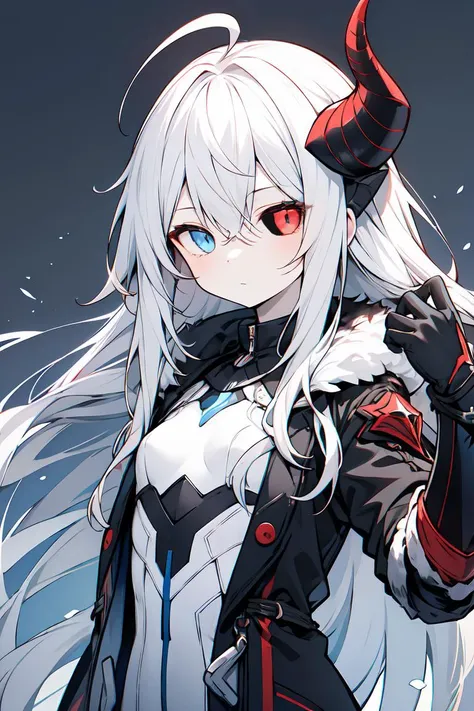 (masterpiece, best quality:1.2), upper body, 1girl, flat chest, white hair, ahoge, absurdly long hair, blue eyes, pale skin, expressionless, cold attitude, futuristic, glow, white coat, white bodysuit, blue trim
AND (masterpiece, best quality:1.2), upper body, 1girl, flat chest, white hair, ahoge, absurdly long hair, red eyes, pale skin, expressionless, cold attitude, black jacket, black gauntlets, fur-trimmed, demon horns