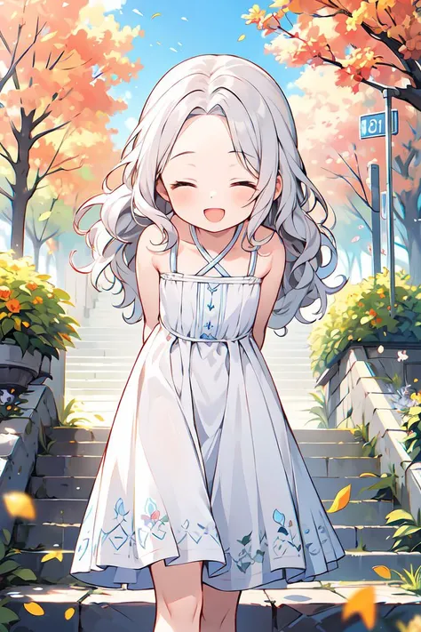 (masterpiece, best quality:1.2), 1girl, solo, (wavy hair:1.2), forehead, silver hair, closed eyes, dress, park, sky, sunny, (happy:1.2), leaves, trees, open mouth, walking, (arms behind back:1.1), flowers, bare shoulders, bokeh, light particles, stairs, flat chest, flower in hair, (leaning forwards:1.1)
