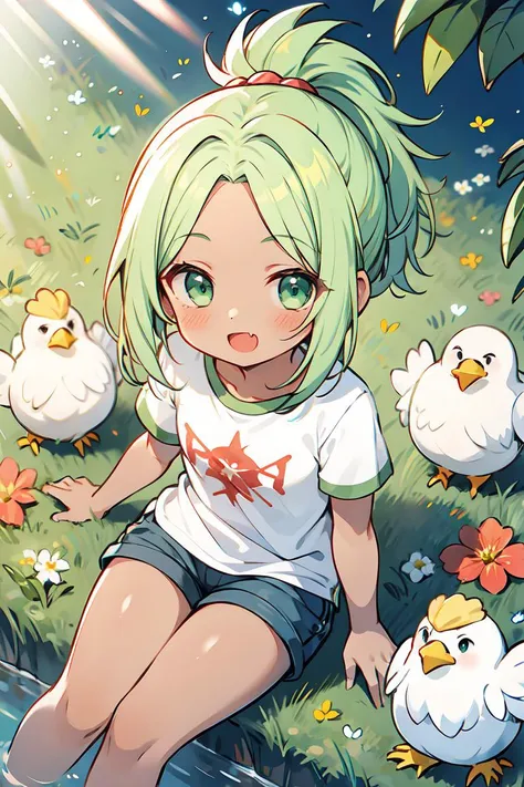 (masterpiece, best quality:1.2), (chicken:1.2), 1girl, chibi, (dark skin:1.2), forehead, open mouth, happy, fang, short hair, short ponytail, green hair, green eyes, cute, outdoors, tshirt, bokeh, grass, flowers, sitting, shorts, looking at viewer, from above, sun rays, tyndal effect, light particles
