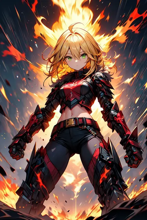 masterpiece, best quality, highly detailed, highres, hdr, 1girl, solo, (yellow hair:1.1), ahoge, (green eyes:1.1), medium hair, small breasts, expressionless, futuristic, cyberpunk, armored, glow, midriff, (soft fabric waist extension:1.2), red trim, golden trim, fighting pose, fur-trimmed, fire fist, destruction, red and black sky, dark clouds, hair between the eyes, movie poster, belt <lora:add_detail:1> <lora:r1ge - AnimeRage:0.3>, (long hair:0.9)