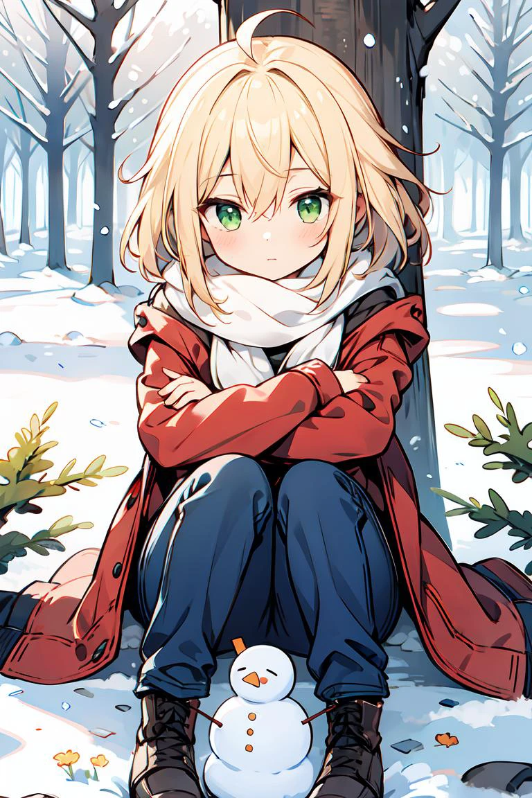 (masterpiece, best quality:1.2), 1girl, chibi, snow, medium hair, ahoge, yellow hair, green eyes, winter clothes, solo, scarf, snowman, pants, outside, tree, winter jacket, crossed arms, sitting