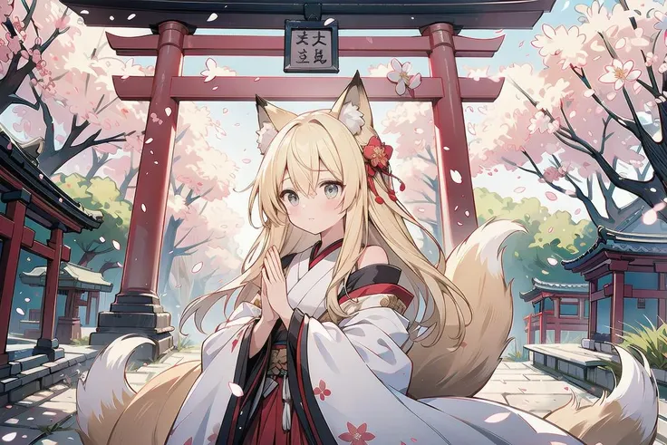 (masterpiece, best quality:1.3), <lora:GoodHands-beta2:1>, (finely detailed, dramatic lighting:1.2), 1girl, solo, blonde hair, long hair, blonde eyes, (fox ears, fox tail:1.2), japanese clothes, (cherry blossom trees, flutter cherry blossom leaves), (shrine, torii, grass), dappled sunlight, looking away, outdoors, dynamic angle,