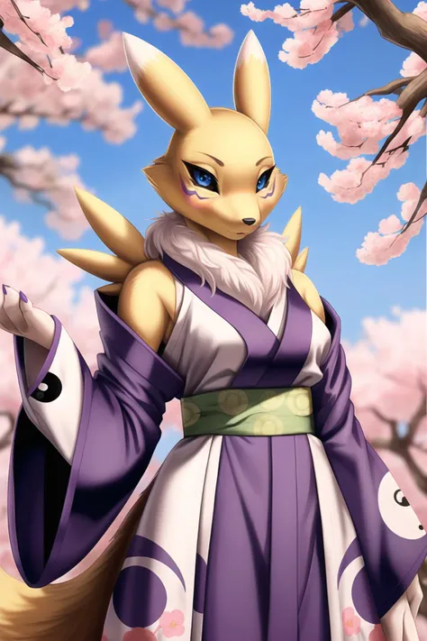 renamon, uploaded to e621, female, fox girl, tail, (japanese woodprint ukiyo-e style:1.2), (purple japanese kimono:1.3), bridal gauntlets, yin yang print, detailed female face, detailed eyes, sakura blossoms flower petals japan outdoors, solo, detailed fluffy fur, (high detail) (airbrush:1.1), detailed expressive eyes, standing, cute pose, <lora:renamon-v1:0.65>