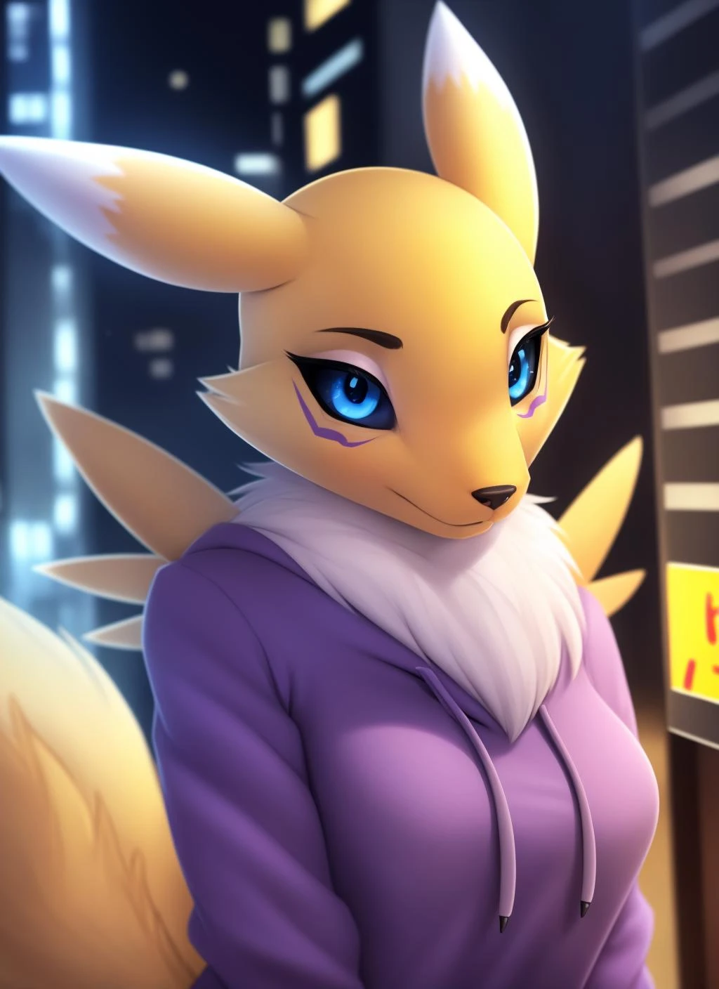 renamon, furry female, anthro, fox girl, portrait, close-up, (hoodie:1.2), fur trim, solo, (body fur:1.2), (best quality), (detailed urban background:1.2), dramatic lighting, (detailed fluffy fur:1.1), looking at viewer, medium breasts, <lora:renamon-v1-locon:1>