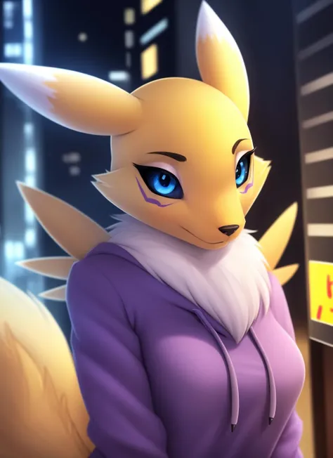 renamon, furry female, anthro, fox girl, portrait, close-up,  (hoodie:1.2),  fur trim, solo, (body fur:1.2), (best quality), (detailed urban background:1.2), dramatic lighting, (detailed fluffy fur:1.1), looking at viewer,  medium breasts, <lora:renamon-v1-locon:1>