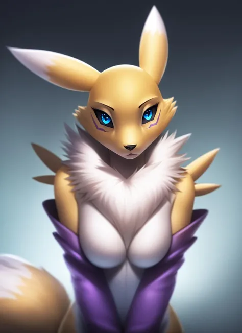 renamon, furry female, anthro, fox girl, portrait, medium breasts, solo, (body fur:1.2), (best quality), bedroom background, dark romantic lighting, (detailed fluffy fur:1.1), looking at viewer, blue eyes, featureless breasts, <lora:renamon-v1-locon:1>