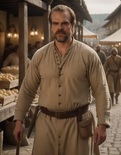 photo of david harbour with a beard dressed as a medieval peasant standing at a medieval market, cinematic lighting, film still, movie still <lora:davidharbour:0.7>