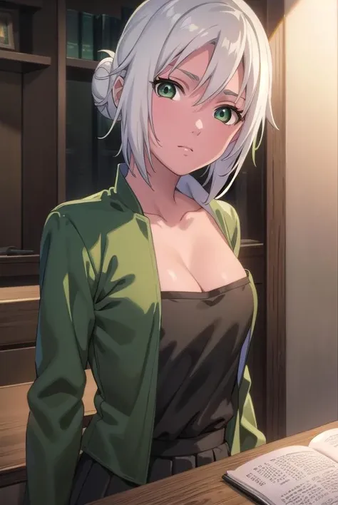 mabui, <lora:mabui-lora-nochekaiser:1>,
mabui, short hair, (green eyes:1.5), white hair, dark skin, hair bun, dark-skinned female,
BREAK long sleeves, cleavage, fishnets, skirt, long skirt, dress, green dress, green skirt,
BREAK cowboy shot, looking at viewer,
BREAK indoors,
BREAK <lyco:GoodHands-beta2:1>, (masterpiece:1.2), best quality, high resolution, unity 8k wallpaper, (illustration:0.8), (beautiful detailed eyes:1.6), extremely detailed face, perfect lighting, extremely detailed CG, (perfect hands, perfect anatomy),