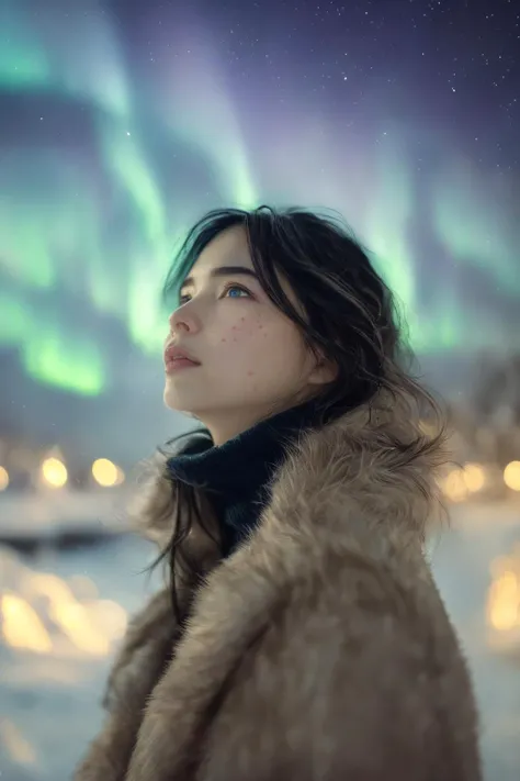 aurora,1girl,solo,black hair,looking up,blue eyes,mole,blurry,coat,freckles,upper body,mole under eye,lips,realistic,depth of field,night,looking afar,sky,blurry background,star (sky),fur trim,turtleneck,outdoors,jacket,long hair,
(8k, RAW photo, best quality, masterpiece:1.2),(realistic, photo-realistic:1.37),illustration,an extremely delicate and beautiful,perfect female body,extremely,
<lora:aurora_20240327070856:1>