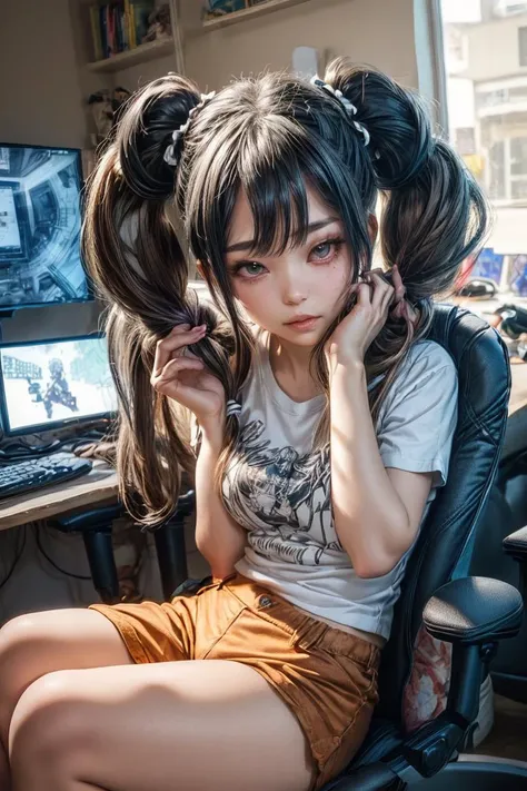 <lora:more_details:0.6>,  <lora:unhorny_v01:-1>, <lora:holding twintails:0.65>, girl (holding twintails:1.3) sitting in gaming chair, tshirt, <lora:litlights:0.4> <lora:epi_noiseoffset2:1>  ,<lora:gaming_chair_v2:0.6> , holding hair <lora:GoodHands-vanilla:1>, hotpants