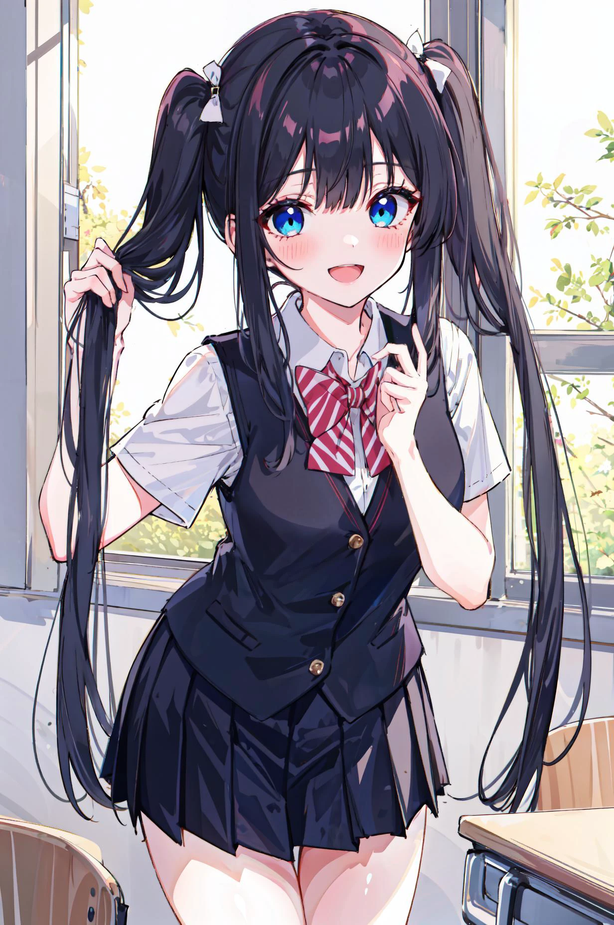1girl, blue eyes, highlight in eyes ,colorful, (absurdres),
dynamic pose, black hair, long hair, (twintails), smile, :D, (shy), (blush:1.2), white school uniform, uniform vest, black pleated skirt, classroom, window, god light, holding twintails, holding hair, lean forward, cowboy shot,
