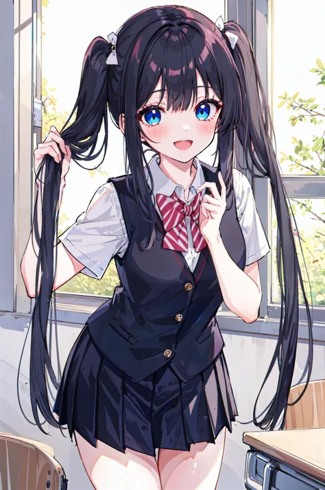 1girl, blue eyes, highlight in eyes ,colorful, (absurdres),
dynamic pose, black hair, long hair, (twintails), smile, :D, (shy), (blush:1.2), white school uniform, uniform vest, black pleated skirt,  classroom, window, god light, holding twintails, holding hair, lean forward, cowboy shot,