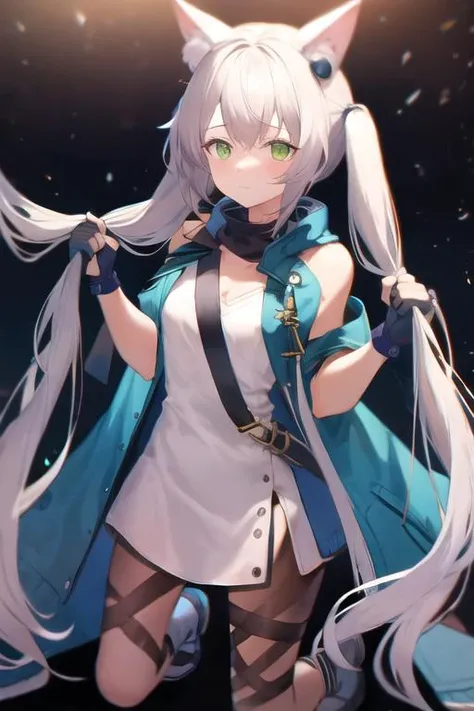 High Quality,<lora:rosmontis:0.8>,1girl,green eyes,animal ears,cat girl,long hair,bangs,looking at viewer,cat ears,animal ear fluff,white_hair,small breast,closed mouth,
boots,dress,white dress,black footwear,gloves,jacket on shoulders,jacket,jacket on shoulders,coat,fingerless gloves,
<lora:holding twintails:1>,(holding twintails),(holding hair),(twintails),((very long hair)),absurdly long,simple background,kneeling,