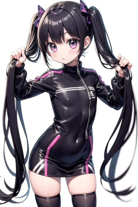 1girl, solo, holding twintails, holding hair, twintails, (very long hair:1.2), cowboy shot, white background, simple background <lora:holding_twintails_32:1.0>