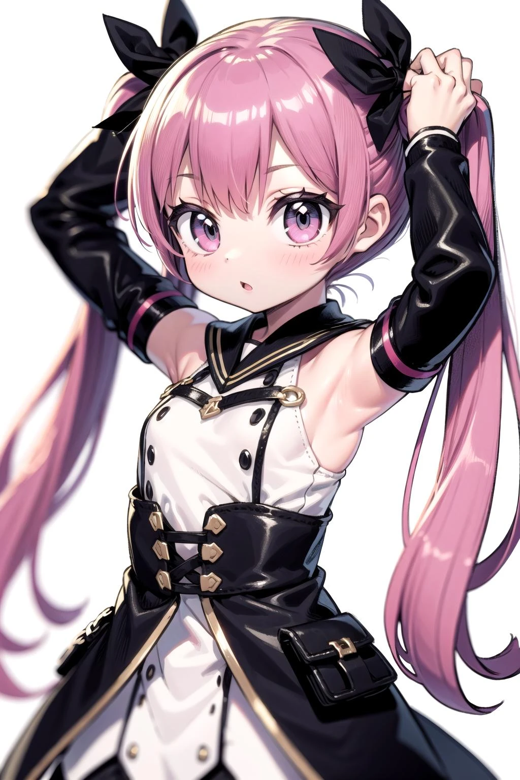 1girl, solo, holding twintails, holding hair, twintails, long hair, (hands up:1.2), (arms up:1.2), white background, simple background <lora:holding_twintails_32:1.0>