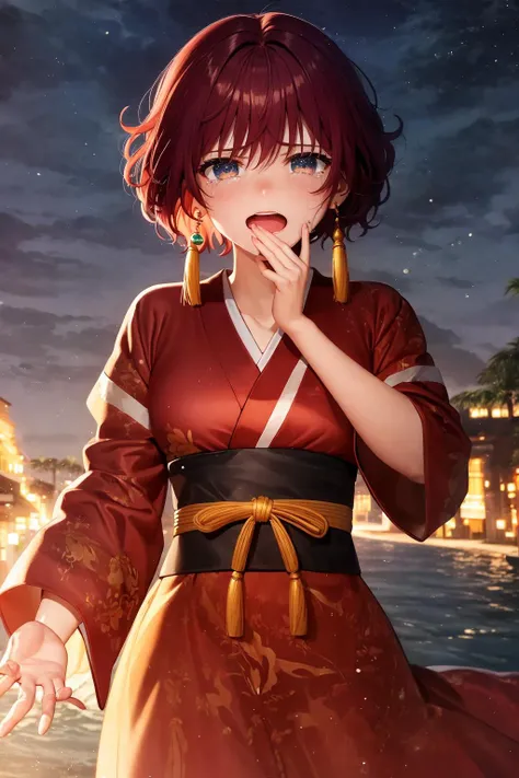 (Masterpiece, Best Quality:1.3), absurdres, (8k resolution), (Traditional Media), illustration,  (centered), ultra hi res, dynamic view,  cowboy shot, yona1, looking at viewer, solo, crying with eyes open, tears, sobbing, open mouth, (hands on own face:1.2), detailed face, detailed eyes,  dynamic pose, (tanling ruqun, banbi:1.2), tassel earrings, sharp focus, (details:1.2), (depth of field), high quality, scenery, tropical island, wind lift, beautiful, [floating particles], ((dark, night:1.3)), glowing:0.4