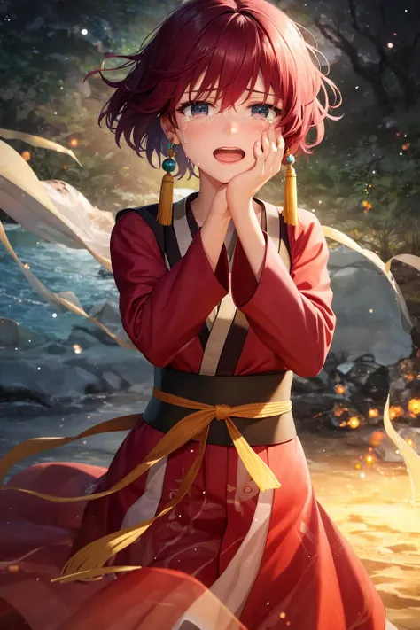 (Masterpiece, Best Quality:1.3), absurdres, (8k resolution), (Traditional Media), illustration,  (centered), ultra hi res, dynamic view, cowboy shot, yona1, looking at viewer, solo, crying with eyes open, tears, sobbing, open mouth, (hands on own face:1.2), detailed face, detailed eyes,  dynamic pose, (tanling ruqun, banbi:1.2), tassel earrings, sharp focus, (details:1.2), (depth of field), high quality, scenery, tropical island, wind lift, beautiful, [floating particles], ((dark, night:1.3)), glowing:0.4