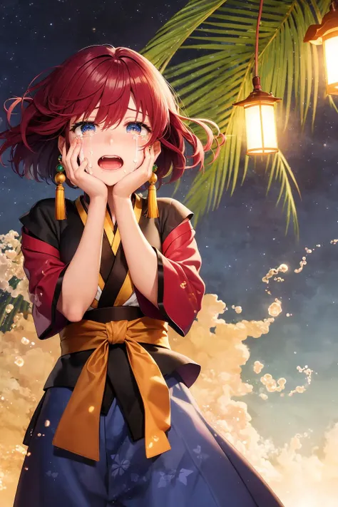 (Masterpiece, Best Quality:1.3), absurdres, (8k resolution), (Traditional Media), illustration,  (centered), ultra hi res, dynamic view,  cowboy shot, yona1, looking at viewer, solo, crying with eyes open, tears, sobbing, open mouth, (hands on own face:1.2), detailed face, detailed eyes,  dynamic pose, (tanling ruqun, banbi:1.2), tassel earrings, sharp focus, (details:1.2), (depth of field), high quality, scenery, tropical island, wind lift, beautiful, [floating particles], ((dark, night:1.3)), glowing:0.4
