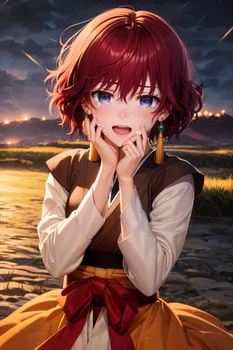 (Masterpiece, Best Quality:1.3), absurdres, (8k resolution), (Traditional Media), illustration,  (centered), ultra hi res, dynamic view, cowboy shot, yona1, looking at viewer, solo, crying with eyes open, tears, sobbing, open mouth, (hands on own face:1.2), detailed face, detailed eyes,  dynamic pose, (tanling ruqun, banbi:1.2), tassel earrings, sharp focus, (details:1.2), (depth of field), high quality, scenery, tropical island, wind lift, beautiful, [floating particles], ((dark, night:1.3)), glowing:0.4