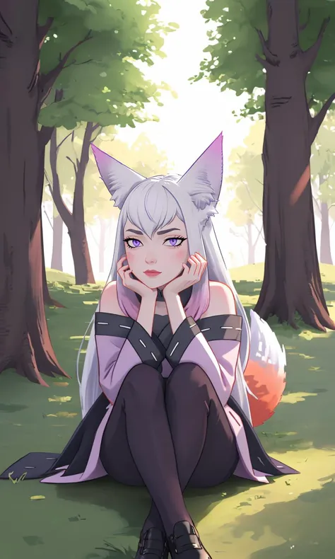 epic pose, forest, sun, sitting,<lora:Mary_(Darmchirk):0.7> ((Mary_(Darmchirk), long hair, fox ears,purple eyes, gradient hair)),