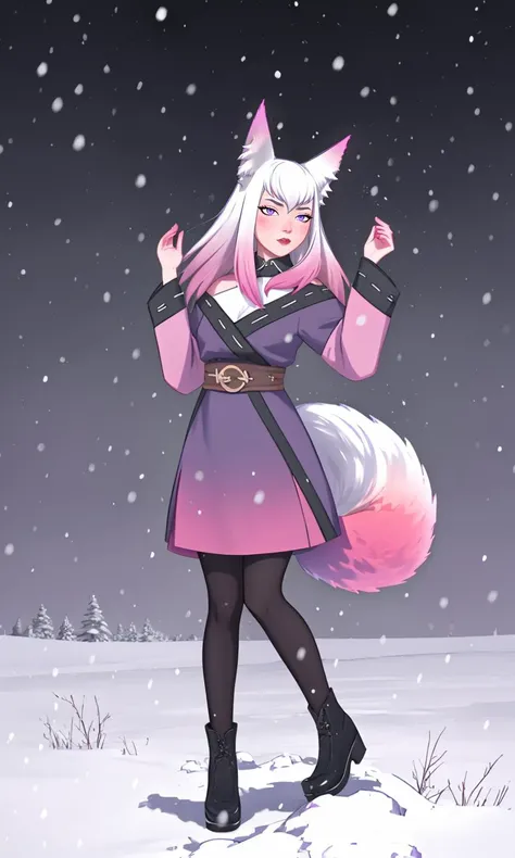epic pose, winter, snow falling, <lora:Mary_(Darmchirk):0.7> ((Mary_(Darmchirk), long hair, fox ears,purple eyes, gradient hair)), full body,
