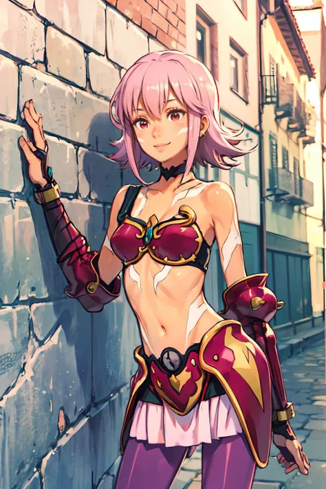 <lora:hack_blackrose:1> blackrose, pink hair, red eyes, dark skin, dark-skinned female, bikini armor, pantyhose, choker, midriff, <lora:kuroboshi_kouhaku_style_v01:1>, smile, leaning on wall, against wall,, ultra detailed, masterpiece, best quality, aesthetic, detailed,
