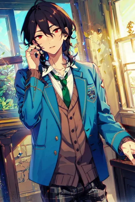 masterpiece, best quality,1boy,male focus,black hair, red eyes, reisei, plaid pants, solo, school uniform, blue blazer, green necktie, black hair,dusk,window