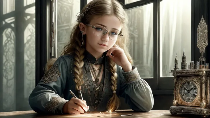 an awarded photo of a tiny skiny 18yo caucasian rusian (1girl:1.5) with twin braid,inventor with steampunk elements and outfift in her mistery workshop,industrial areana,detailed skin,detailed face,ultradetailed,ultrasahrp,(masterpiece:1.3),perfect quality,full body,natural lights,natural shadows,(realistic shadows:1.1),ambient oclusion,boekh,(realsitic:1.2),(ultrarealsitic:1.2),photorealsitic tools in her hand,screwdriver,metalic glasses,table with tools,metal parts,reparing clock,magic analog pocked clock in her hand,checking time,freckles on the face,dramatic lights,dynamic,epic light rays on face,(epic moment:1.2),(inricate details:1.4),hdr,(8k wallpaper:1.1),best quality <lyco:GoodHands-beta2:1.3>,(realistic:1.5),sun rays from window,magic blue crystals on table glowing with red runes,white skin <lora:VampiricTech:1>,
