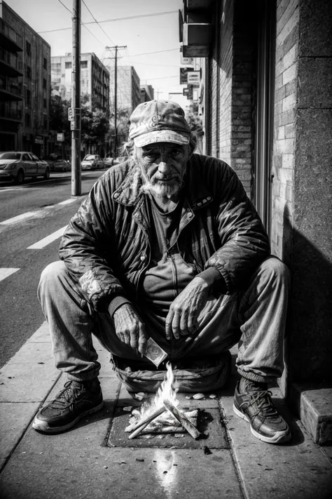(happy emotional homeless 80 yo man:1.3), staring( fire:1.1) on pavement with dollar banknote, burning banknotes, starting fire, smoke, skid row, (plain simple backround:1.1) <lora:more_details:1> <lora:AdvancedEnhancer:1>
<lora:entropy-alpha:.1>, black and white film photography, Leica lens, raw, artistic accidental photography, raw, cinematic realistic screenshot