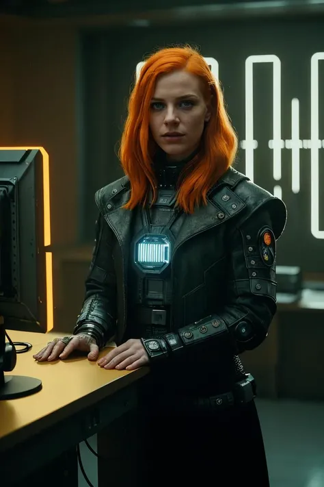 cinematic film still epic scene, cyberpunk masterpiece, full body woman, orange hair, thinking, happy, smirking,  solo, looking at viewer, cowboy shot, glowing eyes, computer room, white theme <lora:cyberpunk_v4:0.85> . shallow depth of field, vignette, highly detailed, high budget Hollywood movie, bokeh, cinemascope, moody, epic, gorgeous, film grain, grainy