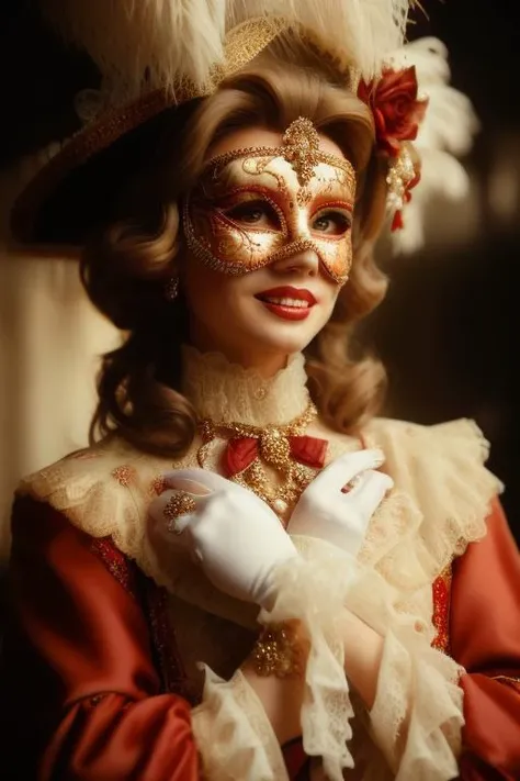 cinematic film still middle-aged long hair happy smiling woman, red theme MasqueradeFashion style <lora:MasqueradeFashion:0.85> . shallow depth of field, vignette, highly detailed, high budget Hollywood movie, bokeh, cinemascope, moody, epic, gorgeous, film grain, grainy