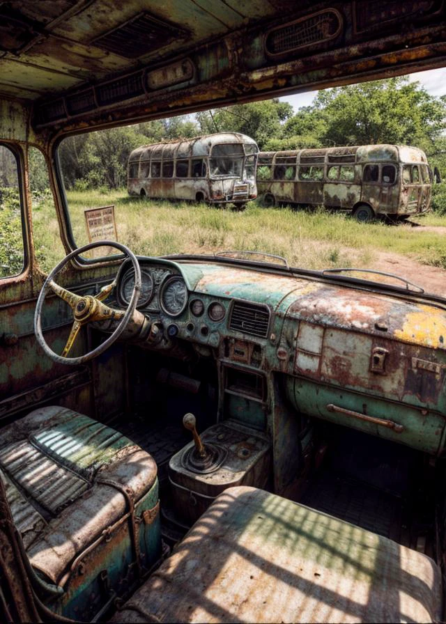 RAW analog photo of decrepit rusty wreck bus in the jungle swamp. cracked paint, broken window, light inside . chalkboard with mathematic equations. Photorealistic, Hyperrealistic, Hyperdetailed, detailed skin, skin, dusty sand, soft lighting, subsurface scattering, realistic, heavy shadow, masterpiece, best quality, ultra realistic, 8k, golden ratio, Intricate, High Detail, film photography, soft focus, rimlight <lora:more_details:1> <lora:entropy-alpha:0.05> <lora:treebark:0.1> <lyco:skoda706rto-bus-loha:0.5>