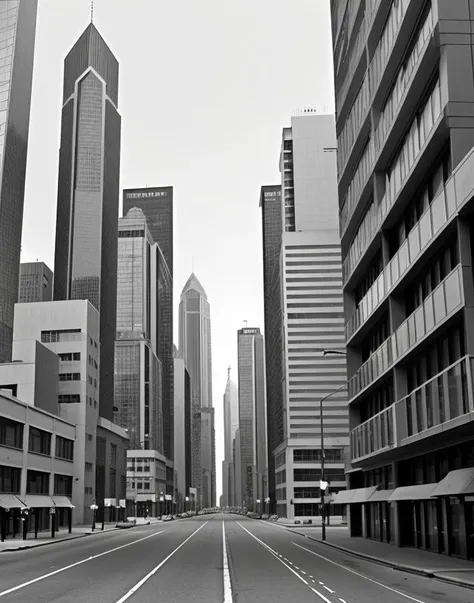 city centre, skyscrapers modern streets, grayscale vintage.