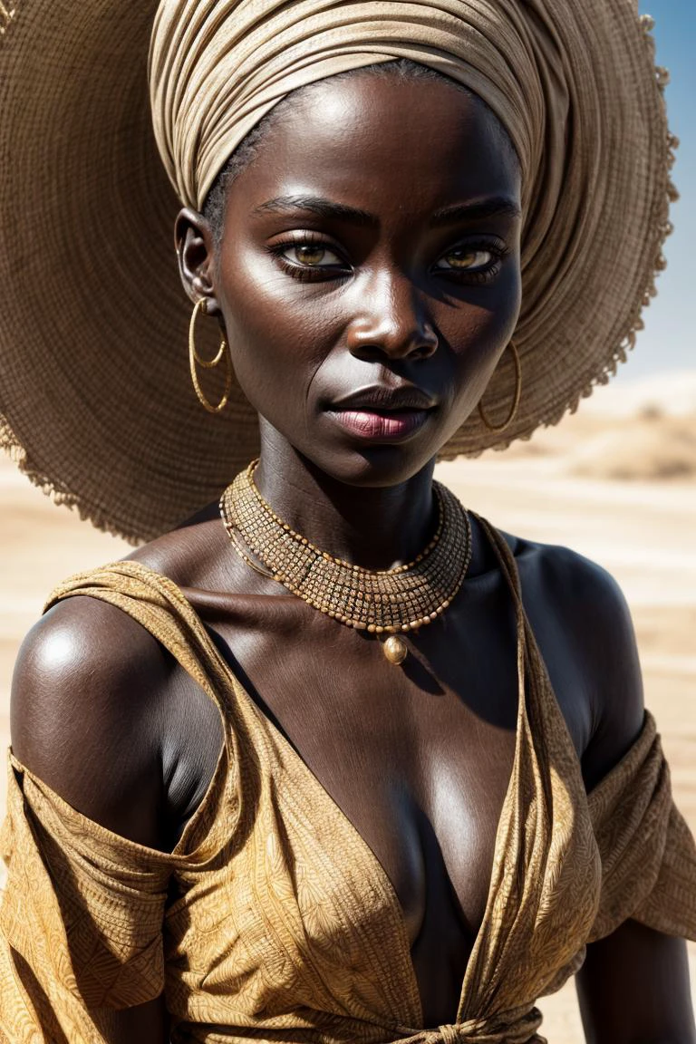 RAW analog photo of African beauty, Photorealistic, Hyperrealistic, Hyperdetailed, detailed skin, skin, dusty sand, soft lighting, subsurface scattering, realistic, heavy shadow, masterpiece, best quality, ultra realistic, 8k, golden ratio, Intricate, High Detail, film photography, soft focus, rimlight <lora:more_details:1> <lora:entropy-alpha:0.05> natural vivid yucca strapless dress , printed batik, headwrap