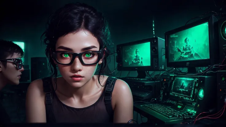 an awarded photo of 1 girl with greek beauty, she has small nose and delicate freckles, alabaster white skin with big green eyes and black brows and black long wawing hairstyle with bloody red highlights, posing to time magazine in dungeon computer center, dynamic pose,perfect quality masterpiece, ultradetailed, ultrasharp, best quality, photorealistic, cinematic lights, half body shot, realistic photography, analog photography, looks like real, boekh, deep of field, <lora:rMadArt3_NoiseOffset:1> <lora:WitchcraftPunkAI:1> with elegant golden cyber glasses with display and cmatrix penetration gesture to camera