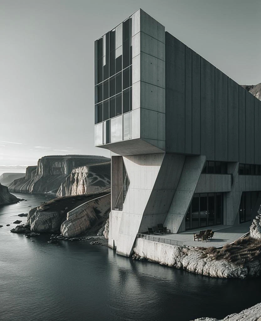 natural light and tones, cinematic film still view of a building on a cliff with a river below, a matte painting by mads berg, flickr contest winner, brutalism, surreal sci fi architecture, architecture digest, <lora:Archiveria_yiu_v30:0.7> . shallow depth of field, vignette, highly detailed, high budget Hollywood movie, bokeh, cinemascope, moody, epic, gorgeous, film grain, grainy , realistic textures and colors