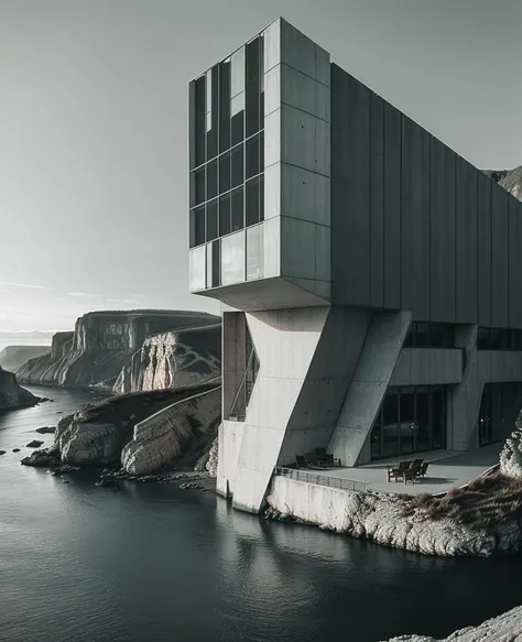 natural light and tones, cinematic film still view of a building on a cliff with a river below, a matte painting by mads berg, flickr contest winner, brutalism,  surreal sci fi architecture, architecture digest,  <lora:Archiveria_yiu_v30:0.7> . shallow depth of field, vignette, highly detailed, high budget Hollywood movie, bokeh, cinemascope, moody, epic, gorgeous, film grain, grainy , realistic textures and colors