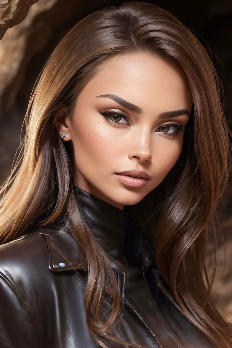 closeup headshot of S123_BibianaPospiech, a stunning woman, in a (cave:1.2), wearing a (leather-jacket:1.2), (fire:1.2), (8k, RAW photo, best quality, depth of field, ultra high res:1.2), (absurdres, intricate, photorealistic, masterpiece, ultra-detailed:1.3)