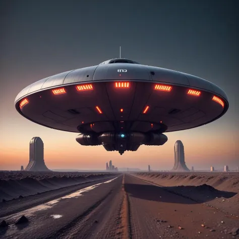 photo focus on ufo  <lora:UFOMaker_SD:1> raw, spaceship|spaceship:ufo, on ground , plasma engines, (cyberpunk ruined city:1.1), after rain, sunrise, cinematic  blue atmosphere dark morning, red orange theme
, film, professional, 4k, highly detailed